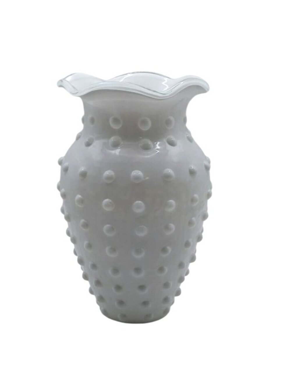 Hand Blown Glass Vase White Hobnail Textured Ruffled Studio Art Retro Vintage